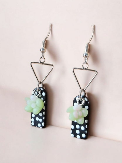 Navy Blue Polka Dots and Succulents Dangle Earrings