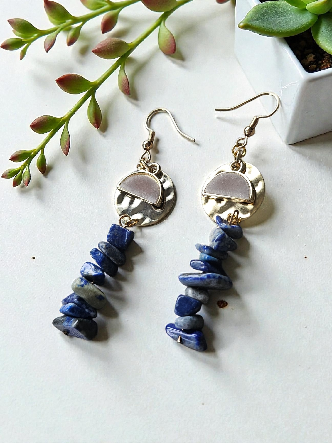 Stacked Lapis Lazuli Stones on Golden Circles and Gray Felt Charms Dangle Earrings