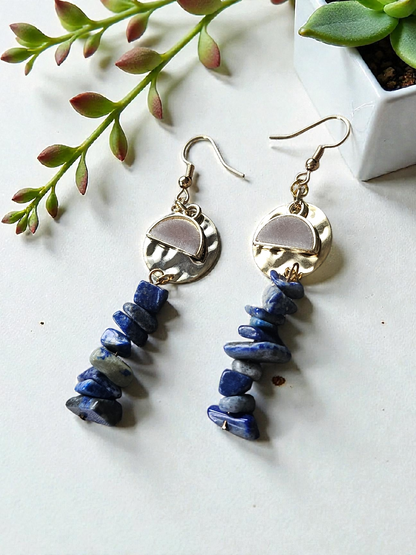Stacked Lapis Lazuli Stones on Golden Circles and Gray Felt Charms Dangle Earrings