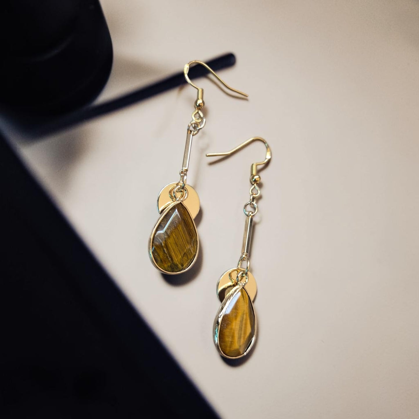 Tigers Eye Teardrops on Golden Bars Dangle Earrings