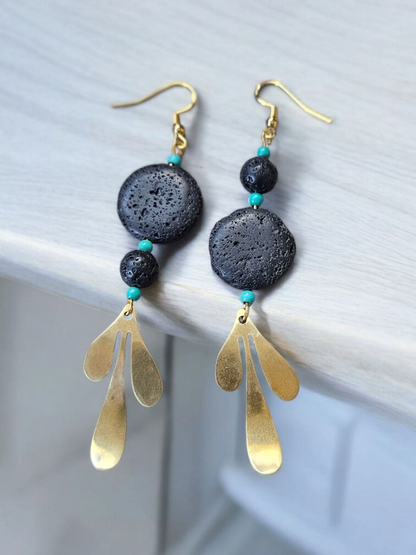 Upcycled Lava Stone and Brass Charm Dangle Earrings