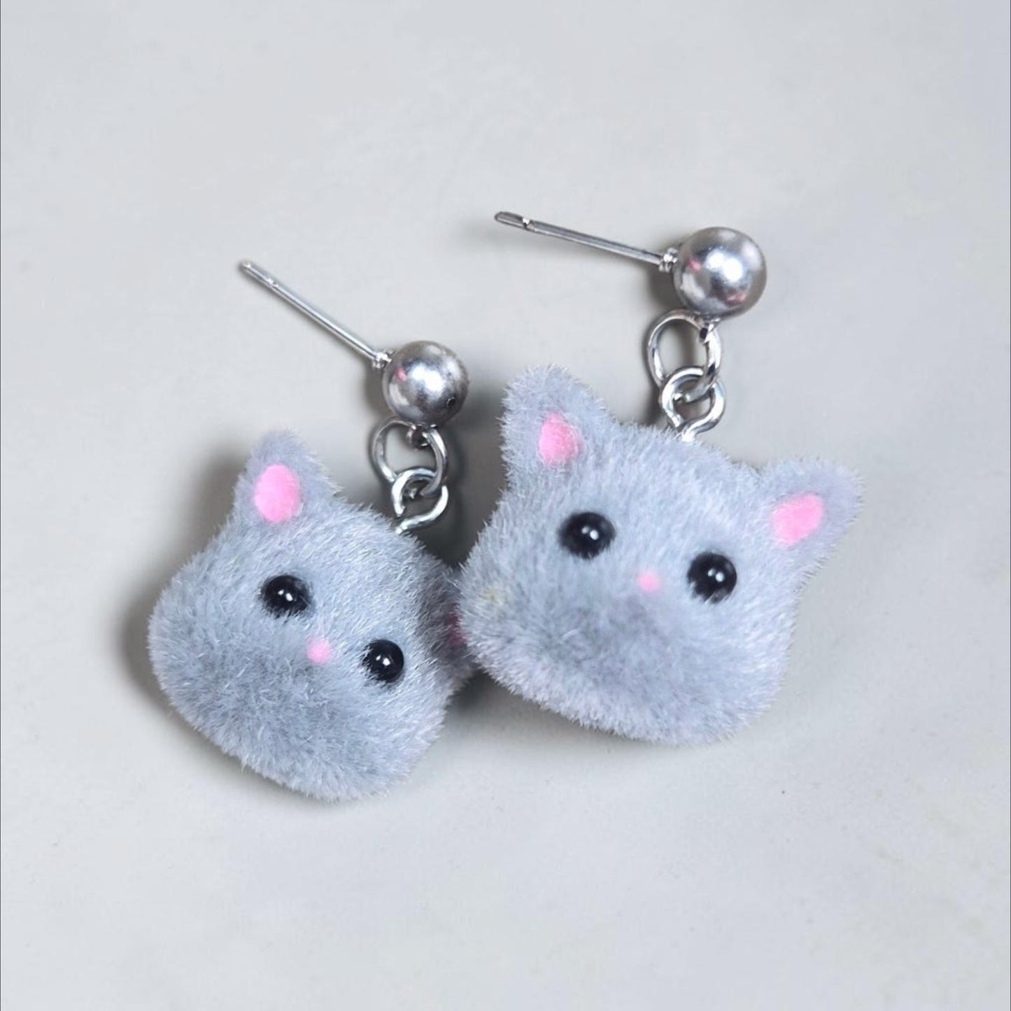 Fuzzy Cat Dangle Earrings on Silver Studs