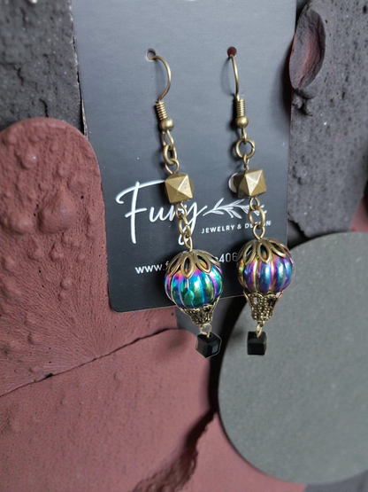Upcycled Rainbow Sheen Hot Air Balloon Charms with Brass Accents Dangle Earrings