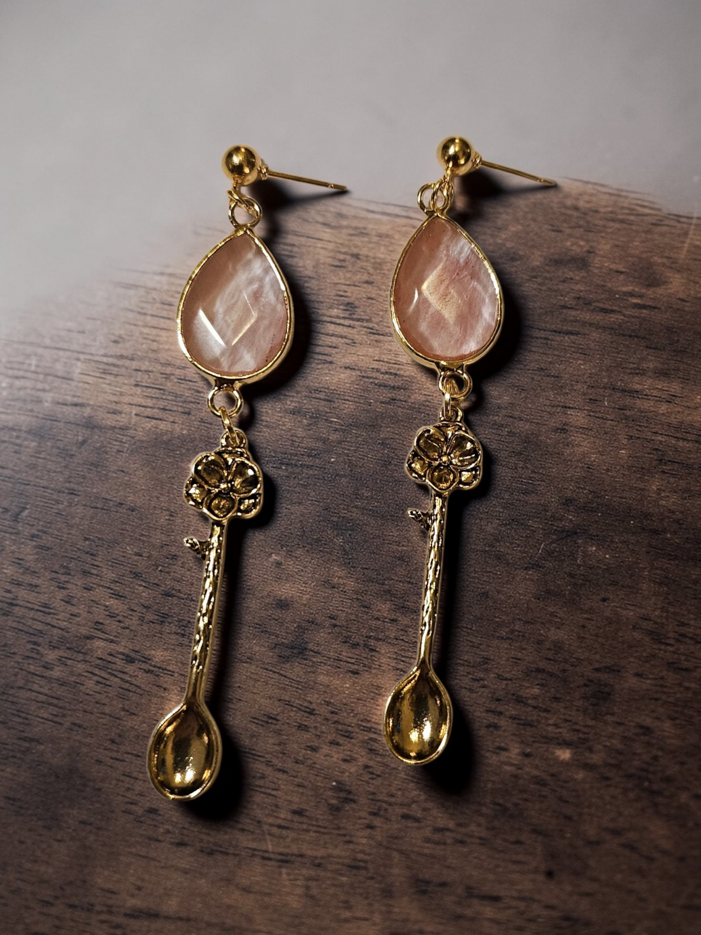 Pink Rutilated Quartz Teardrops with Golden Spoons Dangle Earrings