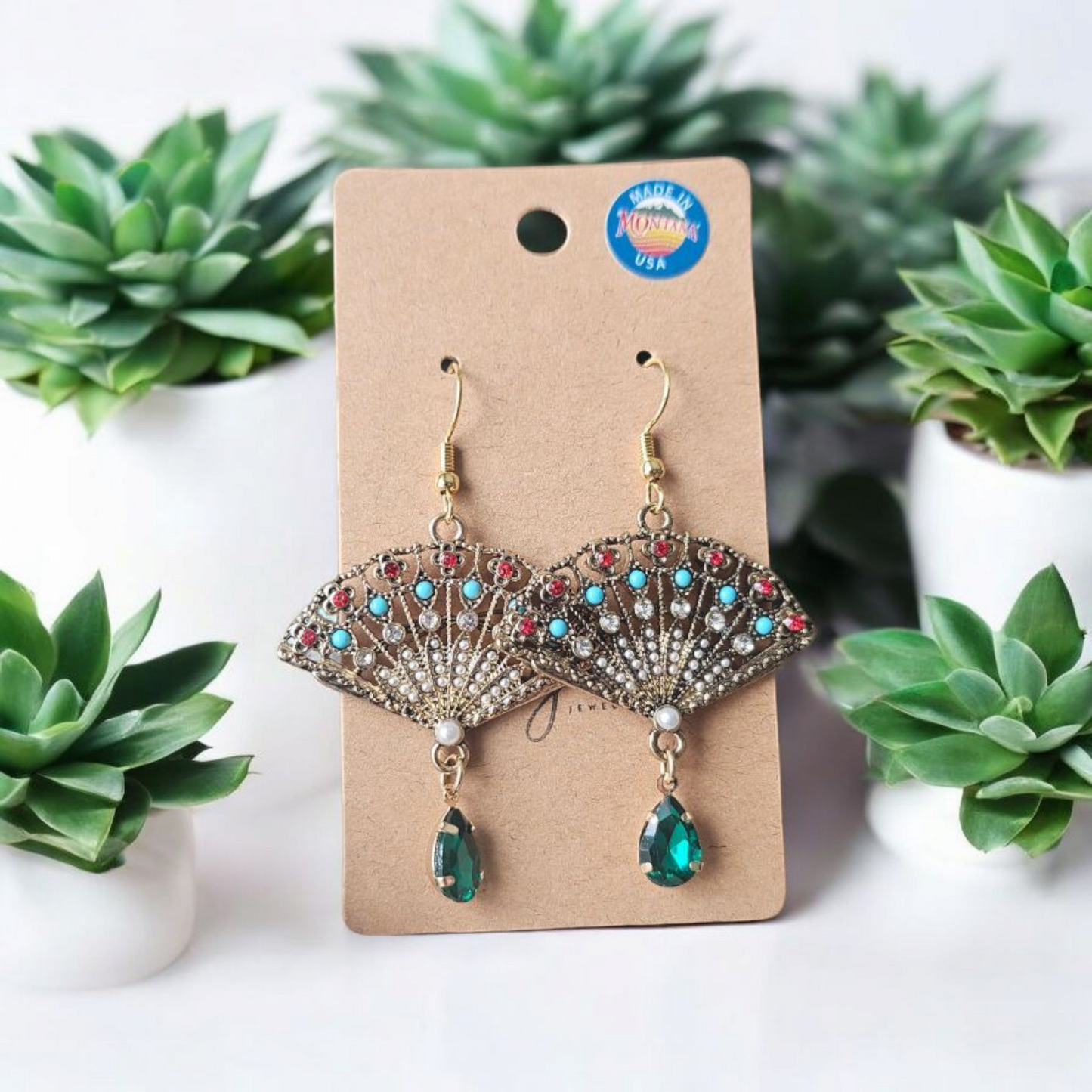 Colorful Glam Fan Dangle Earrings with Emerald Teardrop