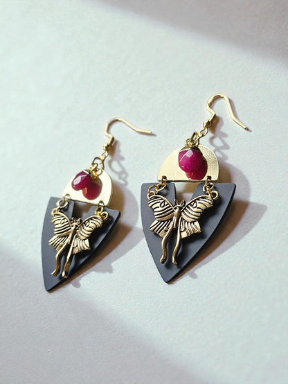 Upcycled Geometric Black and Golden Moth Dangle Earrings with Red Jasper Charms