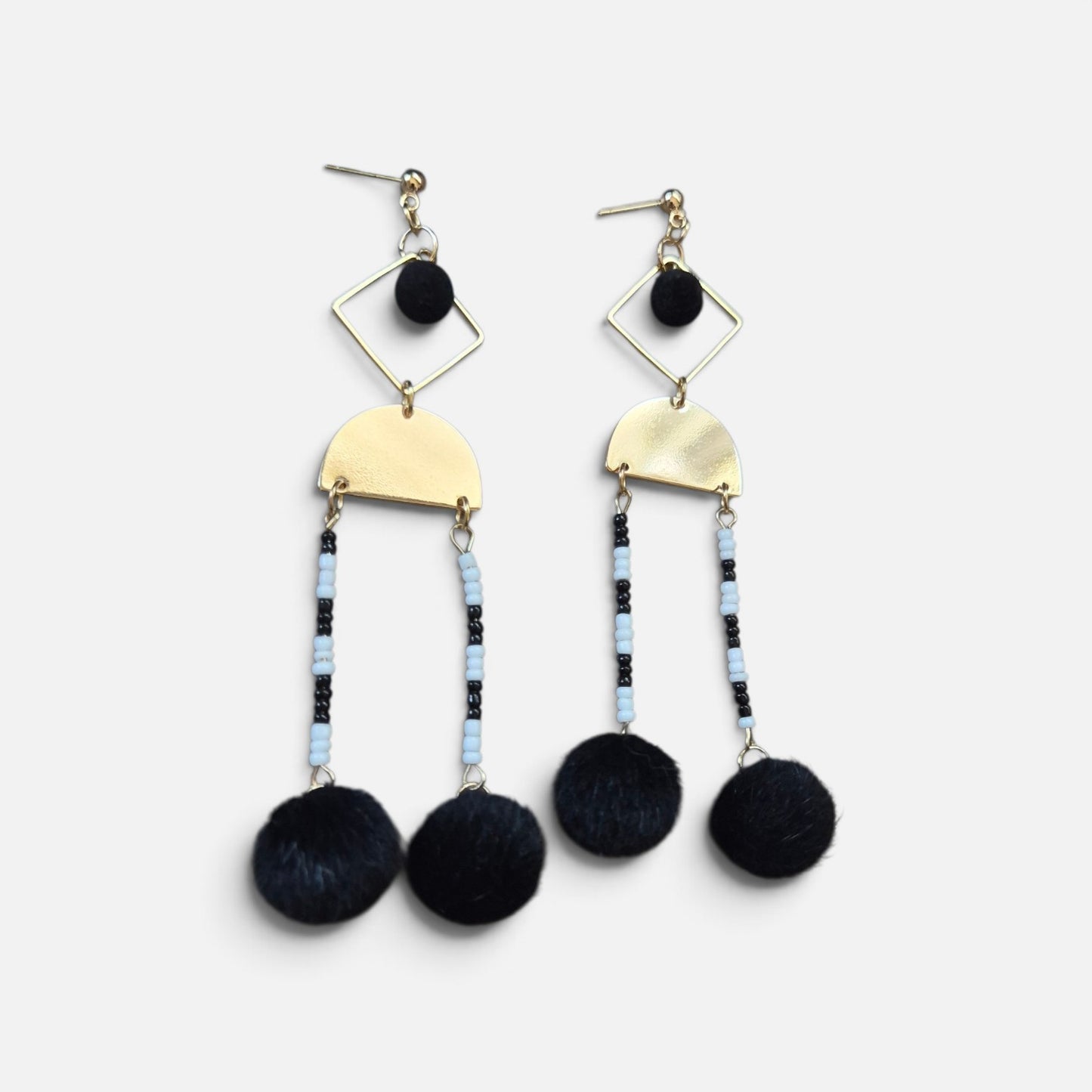 Upcycled Abstract Golden Stud Dangle Earrings with Furry Black Puffs