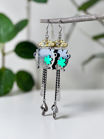 Upcycled Black Pot o' Gold St. Patrick's Day Earrings with Long Dangle Charms