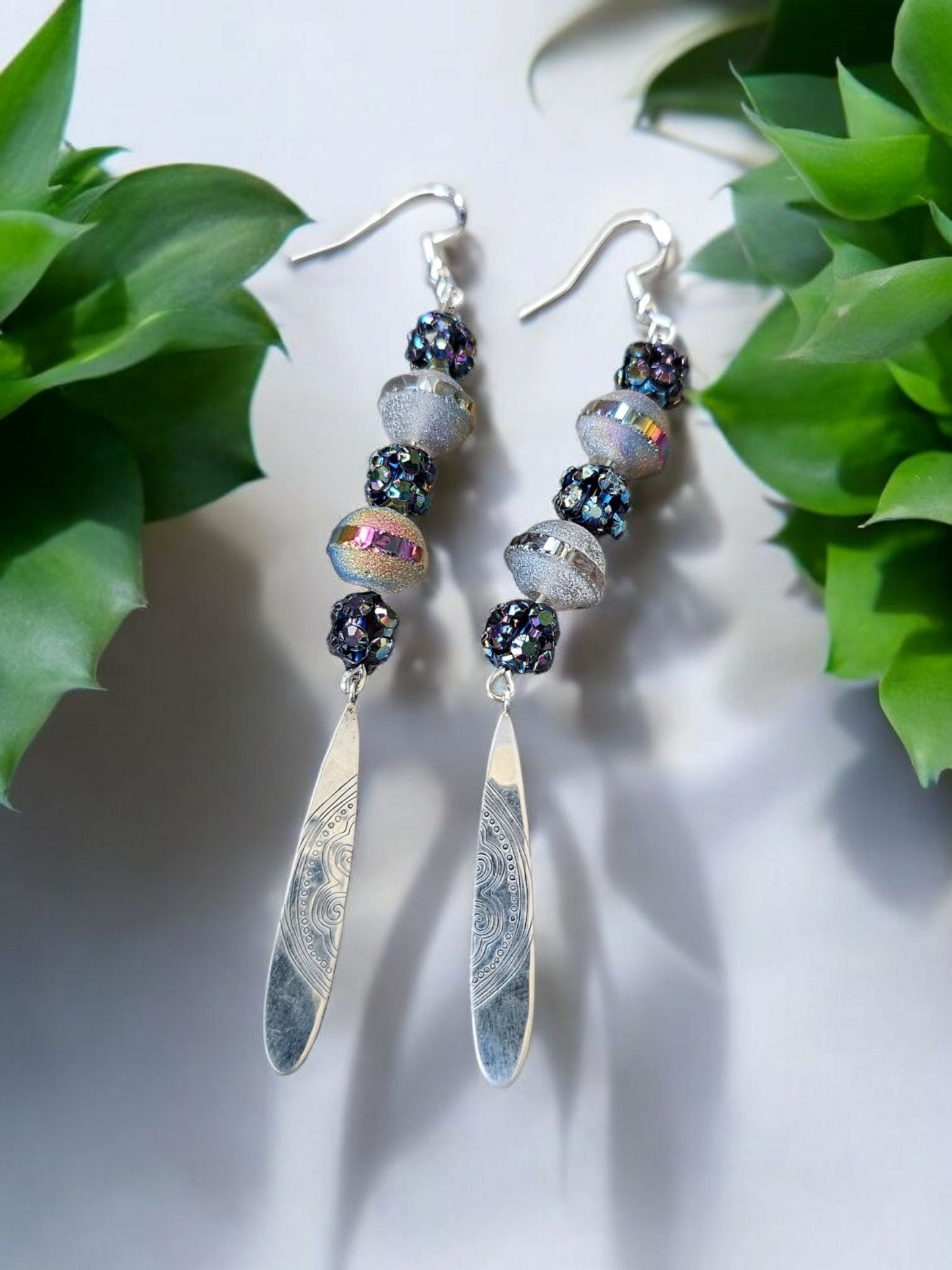 Upcycled Silver Charm Dangle Earrings With Space Bead Eco Friendly Lightweight Statement Jewelry