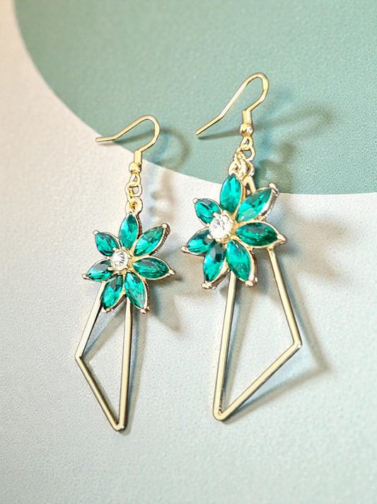 Sparkling Emerald Flowers on Golden Geometric Dangle Earrings
