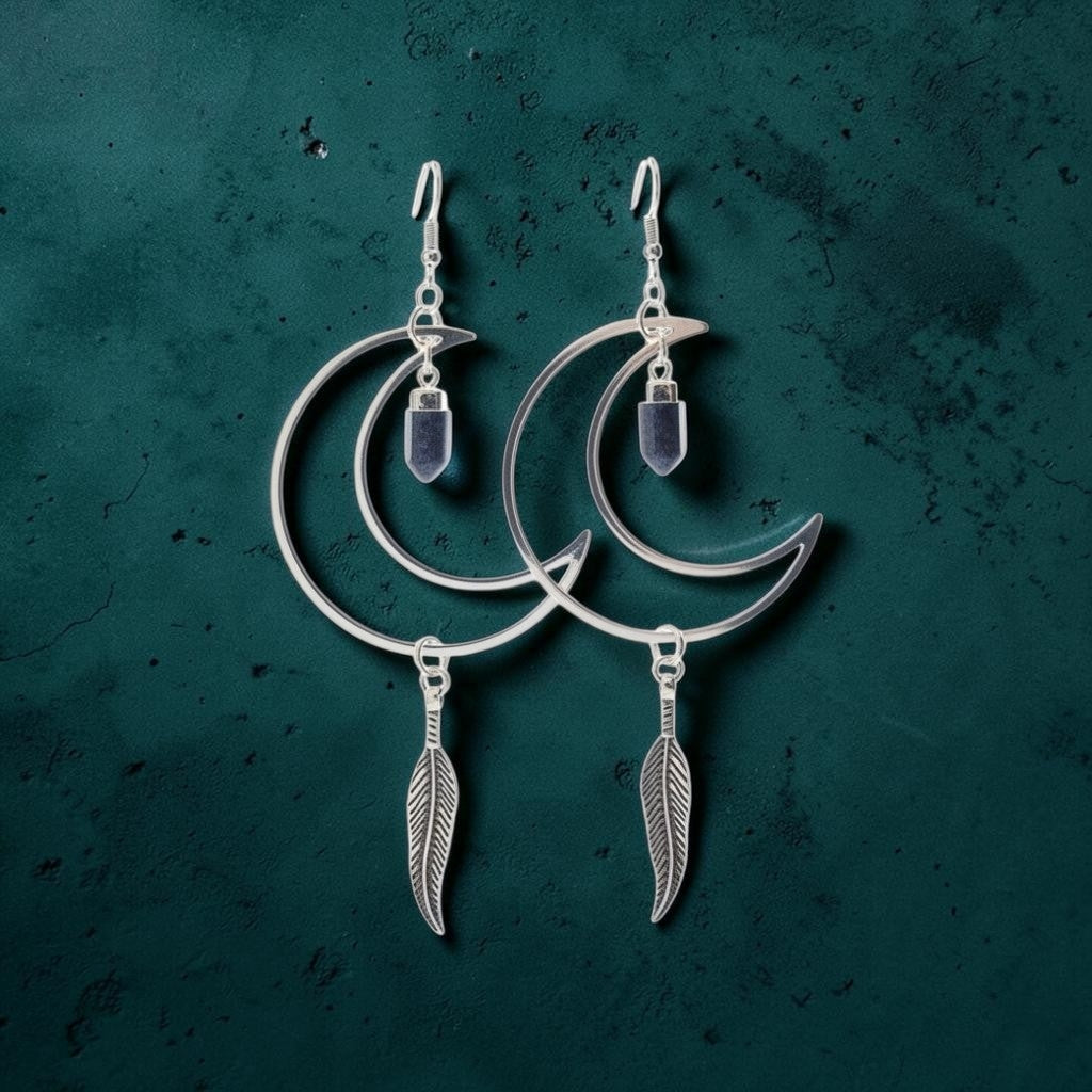 Silvery Crescent Moons with Lapis Lazuli Crystal Points Dangle Earrings