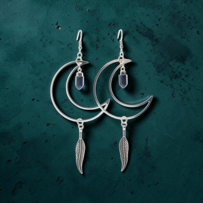 Silvery Crescent Moons with Lapis Lazuli Crystal Points Dangle Earrings
