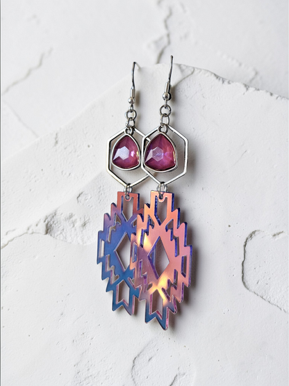 Aztec Symbol Holographic Dangle Earrings with Pink Gem Charm
