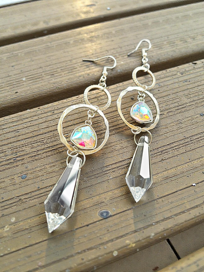 Upcycled Silver Stacked Circles with Iridescent Charms and Sun Catcher Dangle Earrings