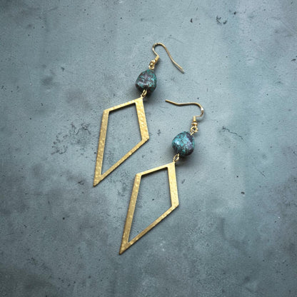 Turquoise Laced Gemstones with Brass Geometric Points Dangle Earrings
