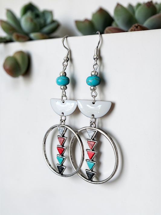 Teal Red and White Western Statement Earrings on Silver Hooks