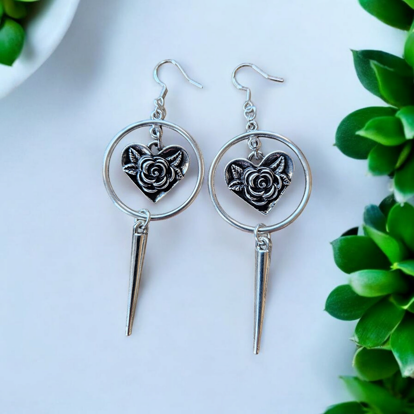 Silver Spike Heart Charm Dangle Earrings