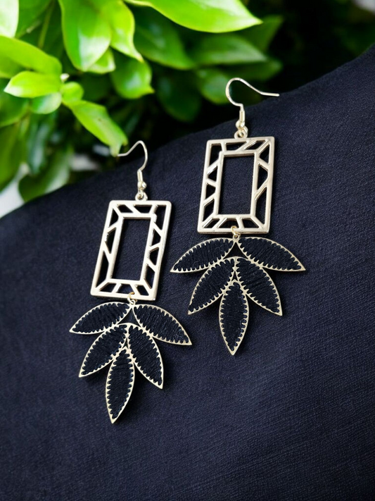 Upcycled Golden Rectangles with Black Leaves Dangle Earrings