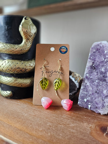 Glass Pink Tulip with Green Leaf Dangle Earrings