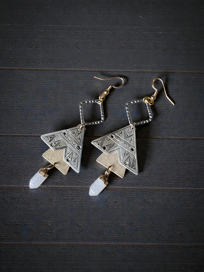 Upcycled Antique Silvery and Golden Geometric Earrings with Rose Gold Crystal Point Dangles