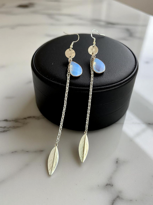 Upcycled Long Golden Leaf on Chain with Moonstone Teardrop Dangle Earrings