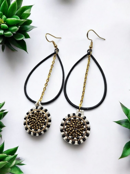 Black and Gold Upcycled Beaded Teardrop Earrings