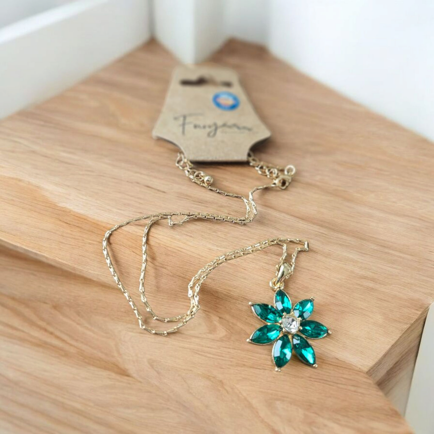Emerald Green Glam Flower Necklace on Gold