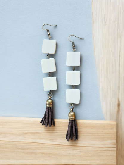 White Squares with Brown Tassles Long Dangle Earrings