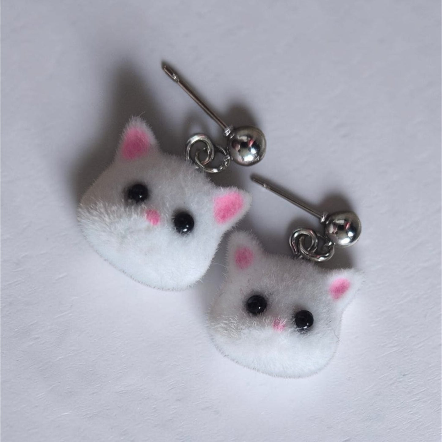 Fuzzy Cat Dangle Earrings on Silver Studs