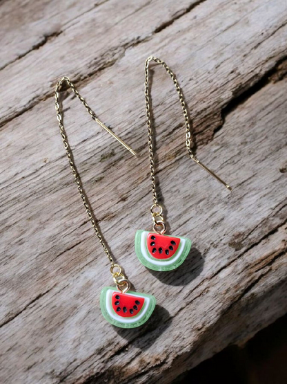 Watermelon Threader Earrings on Gold Dangle