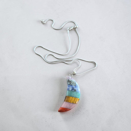 Rainbow Crescent Moon on Adjustable Silver Necklace