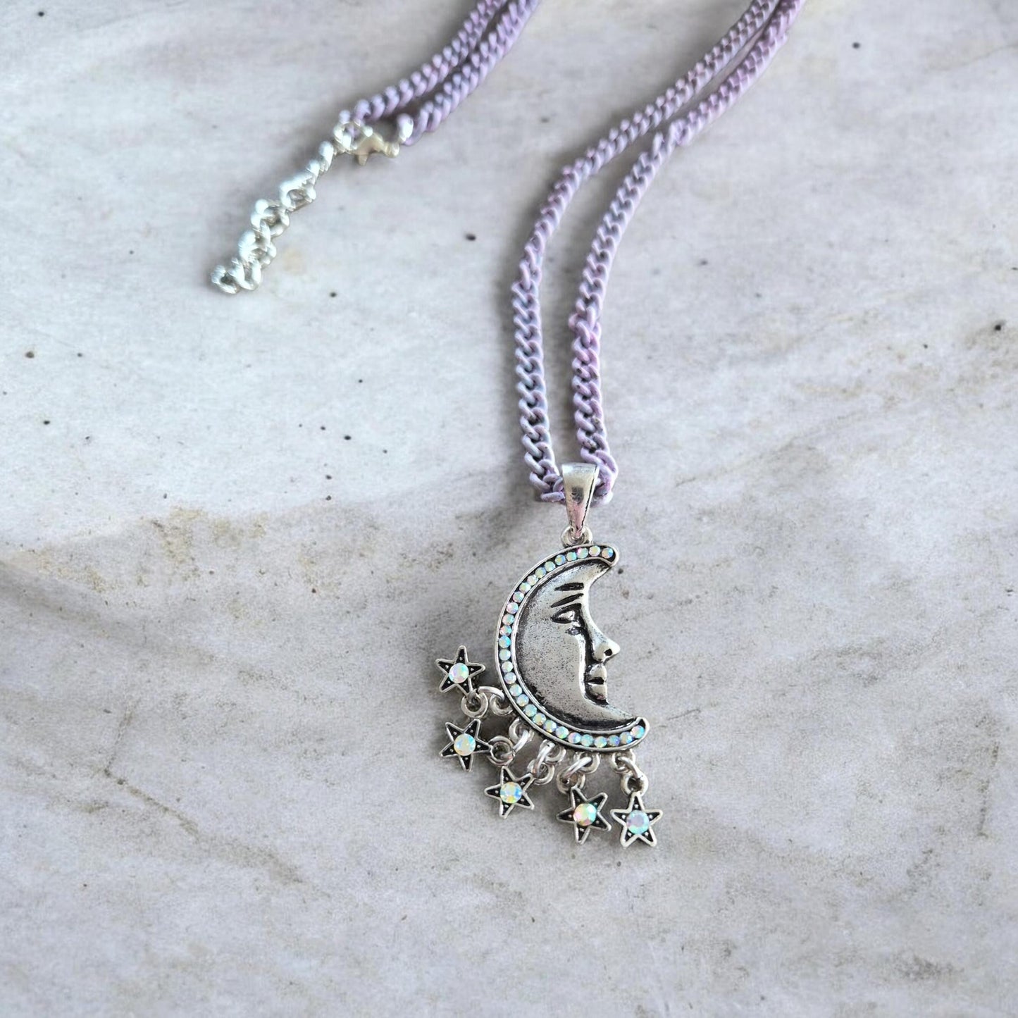 Silver Face of the Moon on Lilac Chain Necklace