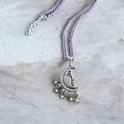 Silver Face of the Moon on Lilac Chain Necklace