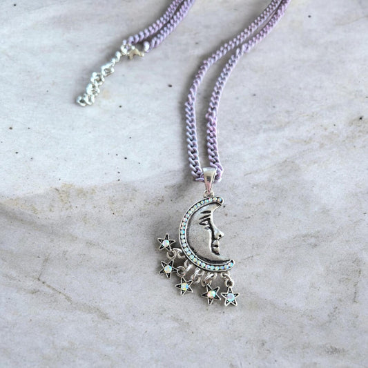 Silver Face of the Moon on Lilac Chain Necklace