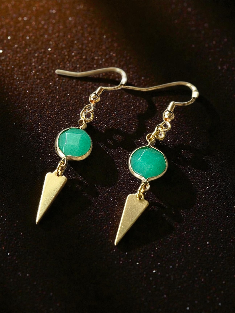 Upcycled Dainty Brass Geometric Drops with Emerald Charm Dangle Earrings