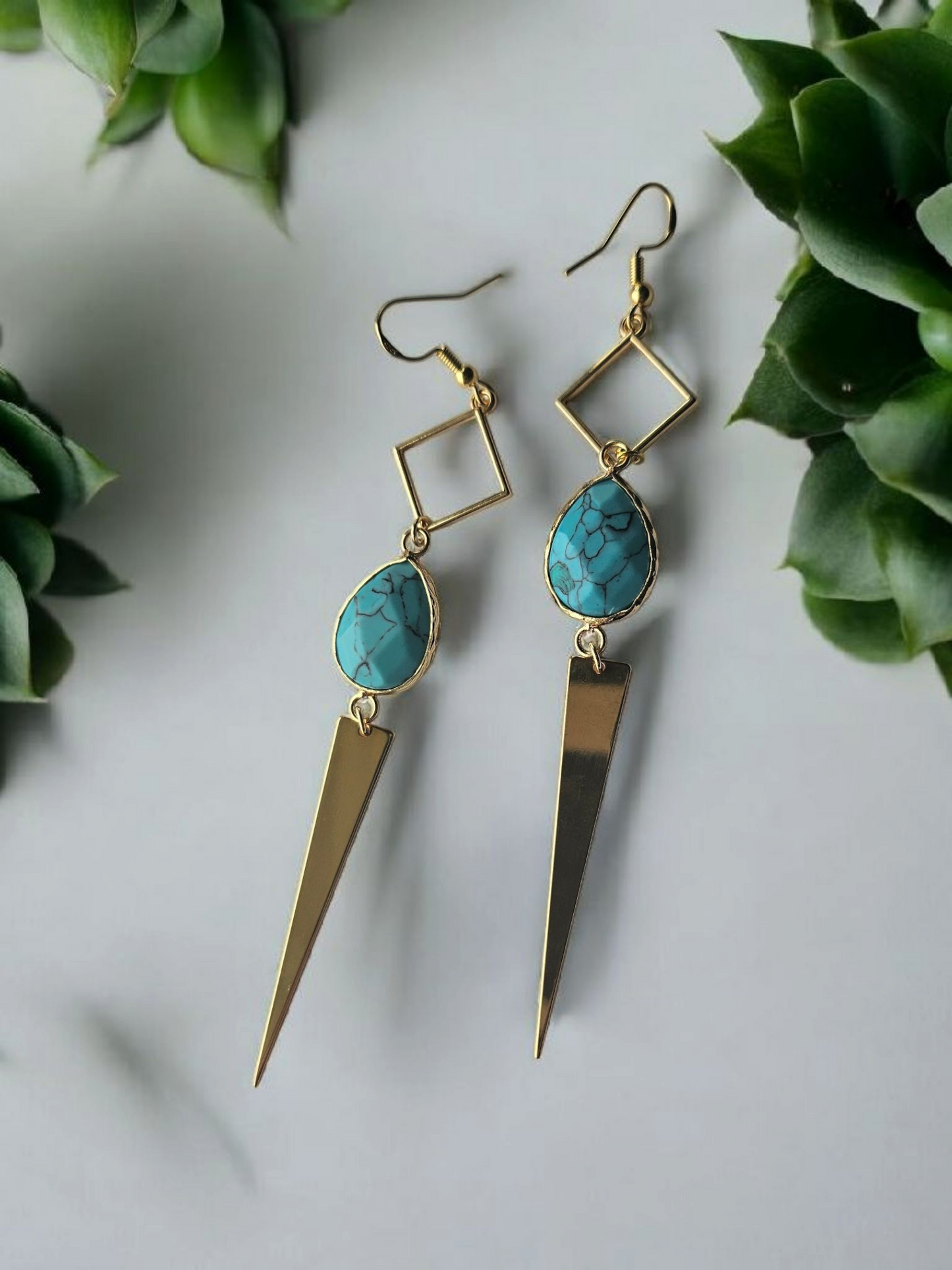 Teal Marbled Gemstone on Geometric Dangle Long Earrings