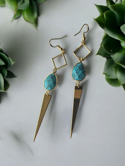 Teal Marbled Gemstone on Geometric Dangle Long Earrings