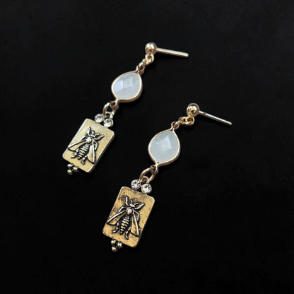 Milky Quartz Stones with Brass Hornets Stud Dangle Earrings