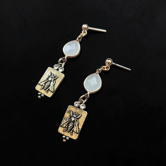 Milky Quartz Stones with Brass Hornets Stud Dangle Earrings