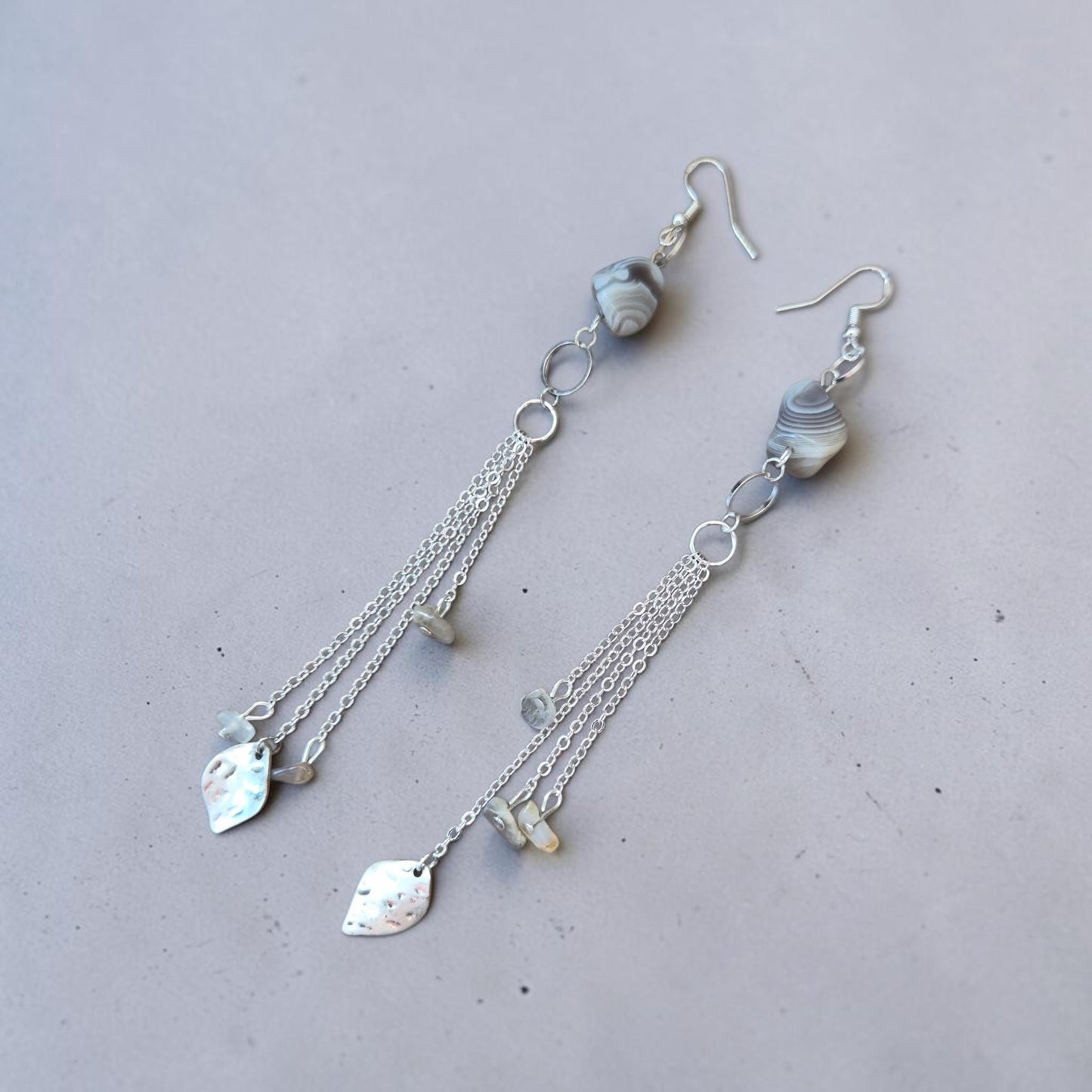 Brazil Agates on Silver Dangle Earrings with Agate Beaded Tassels
