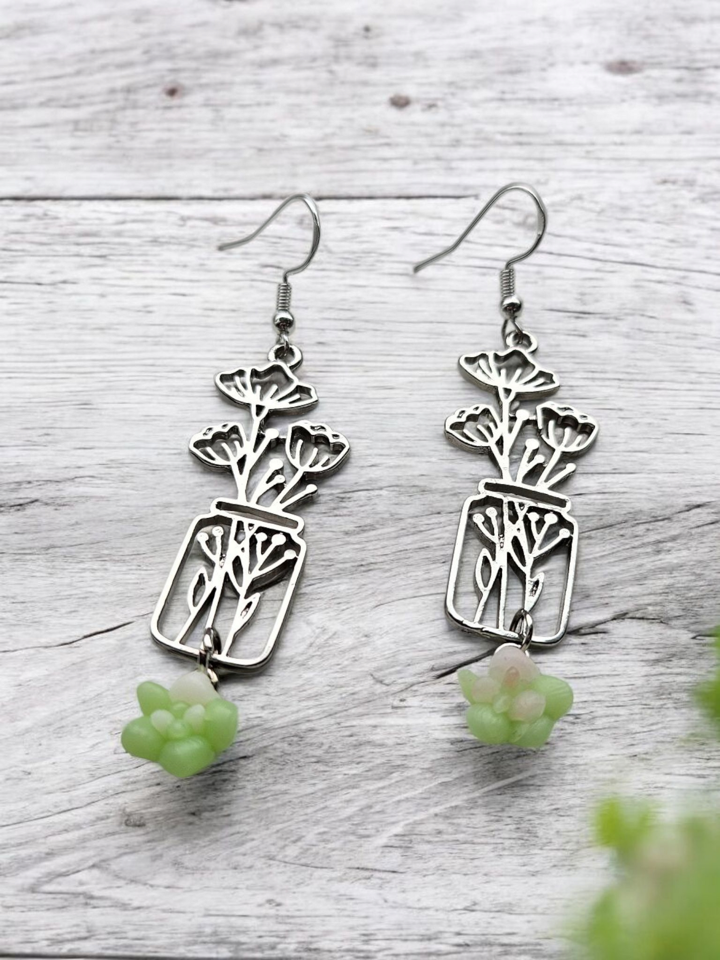 Silver Flower Jar and Succulents Dangle Earrings