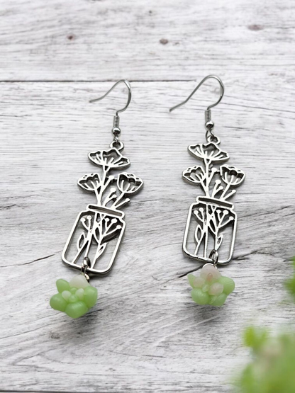 Silver Flower Jar and Succulents Dangle Earrings