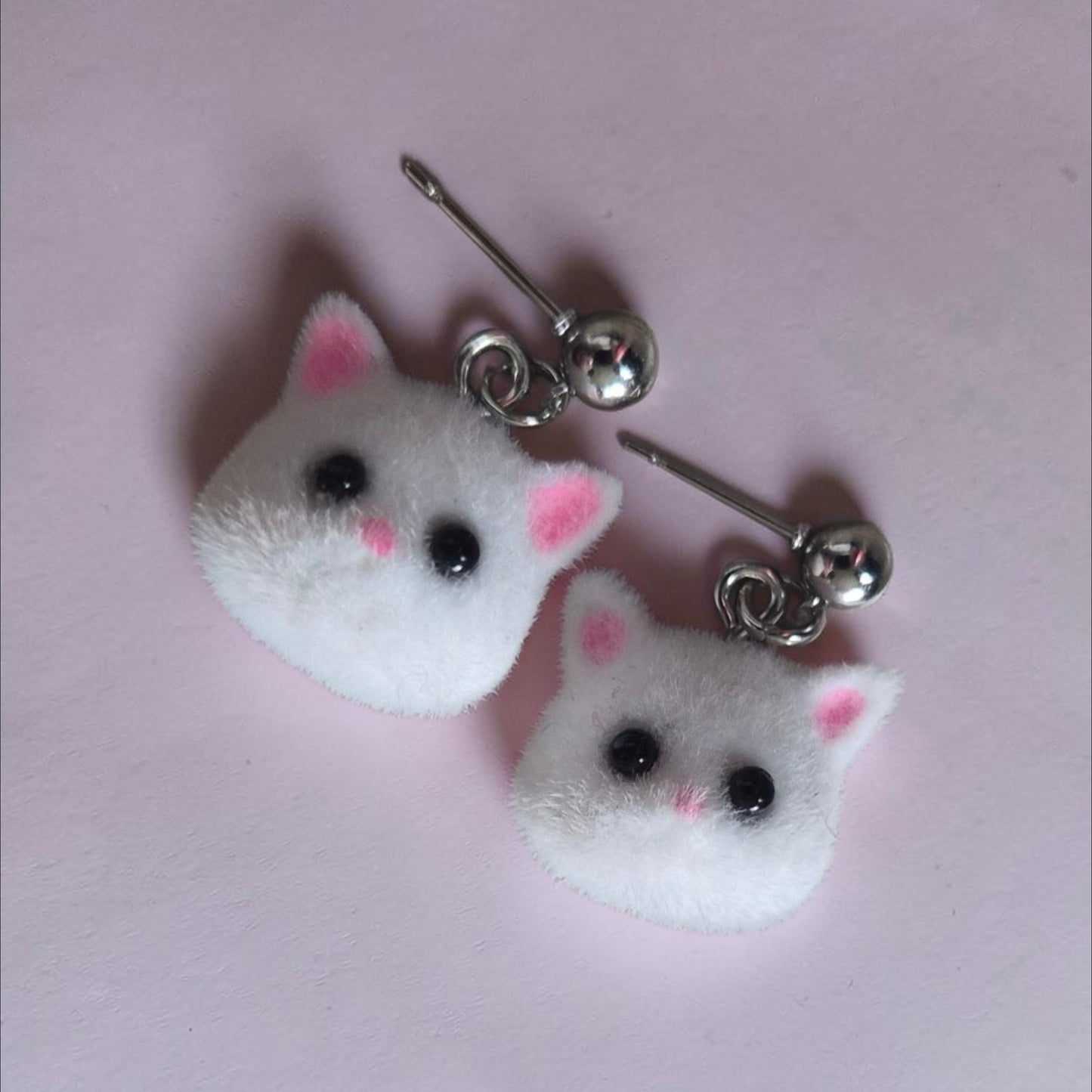 Fuzzy Cat Dangle Earrings on Silver Studs