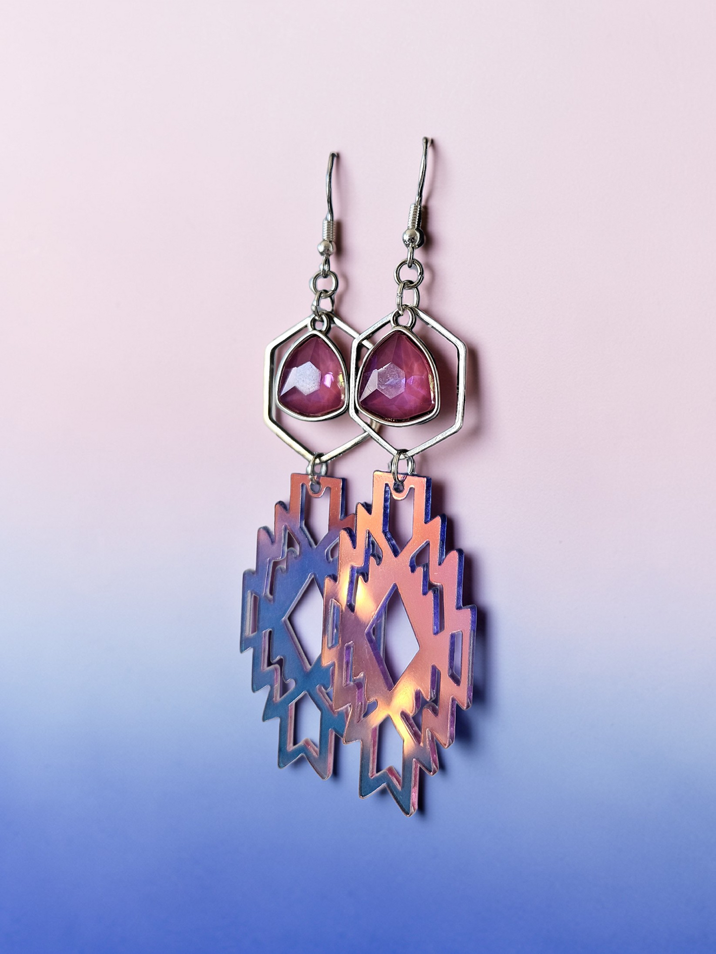 Aztec Symbol Holographic Dangle Earrings with Pink Gem Charm