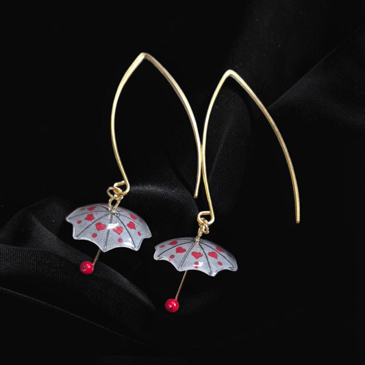 Glass Heart Umbrellas on Golden V-Hook Earrings
