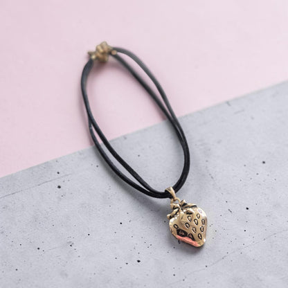 Golden Strawberry Locket on Black Double Choker Necklace