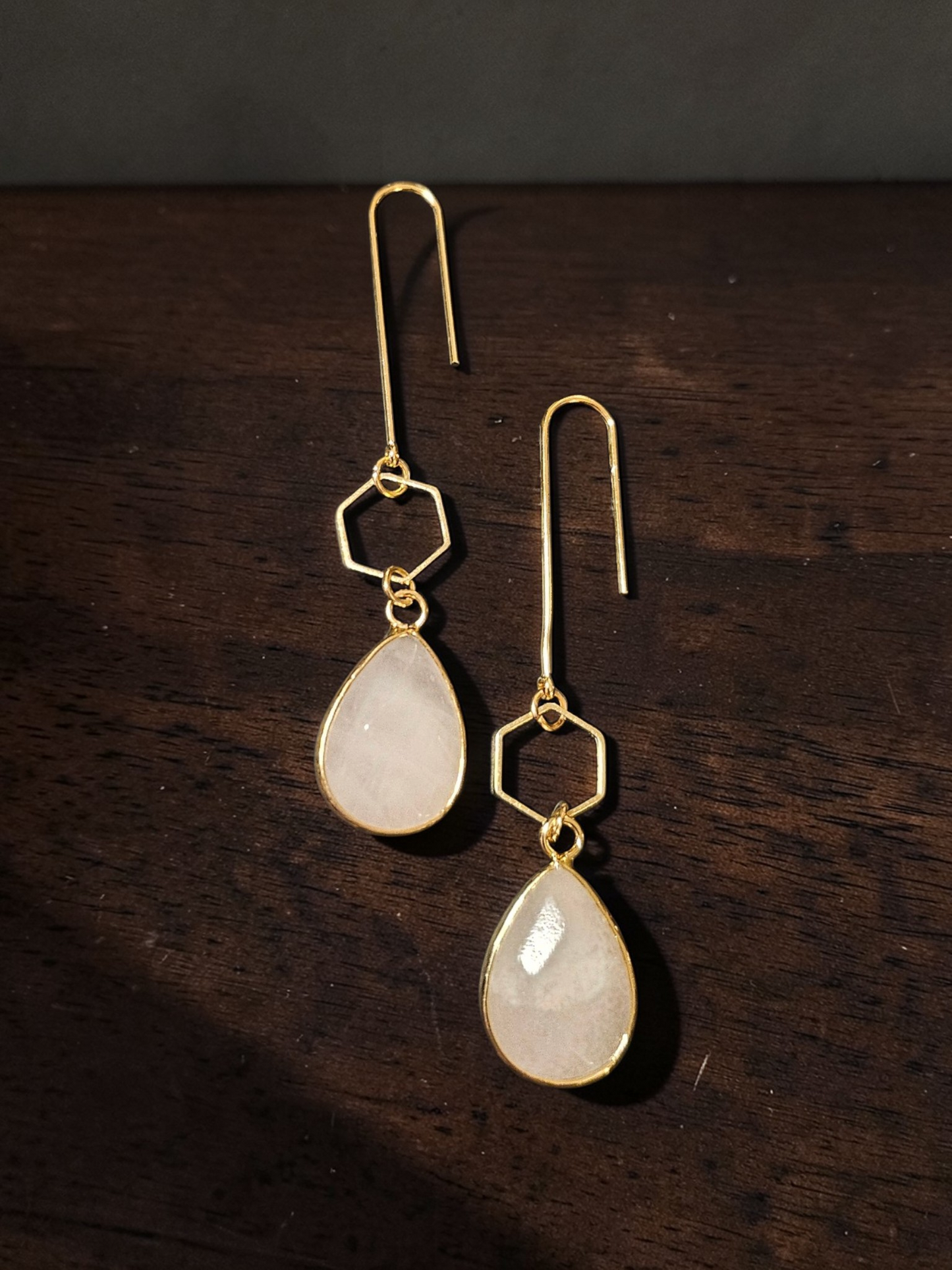 Teardrop Gemstones and Hexagons on Golden U-shaped Earrings