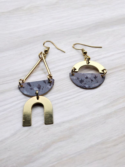 Asymmetrical Vintage Floral and Gold Geometric Dangle Earrings