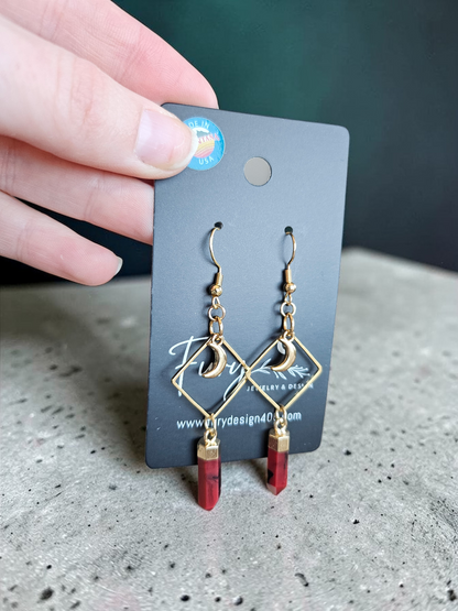 Red Jasper Points on Geometric Gold Dangle Earrings with Moons