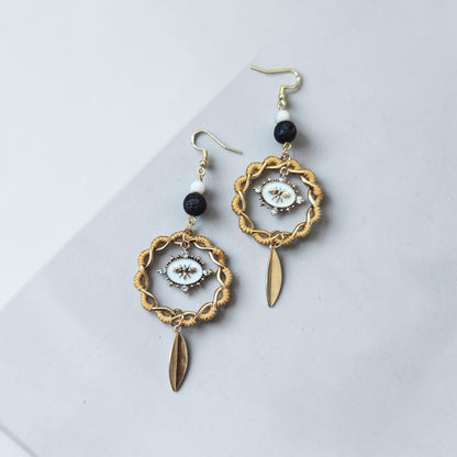 Upcycled Yellow and Gold Braid with Bees and Lava Beads Dangle Earrings